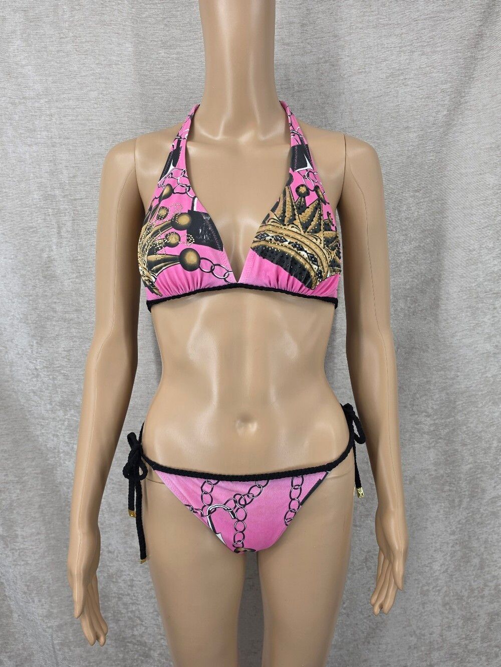 Christian Audigier Y2K Rhinestone Pink Chain & Crown Halter Tie String Bikini